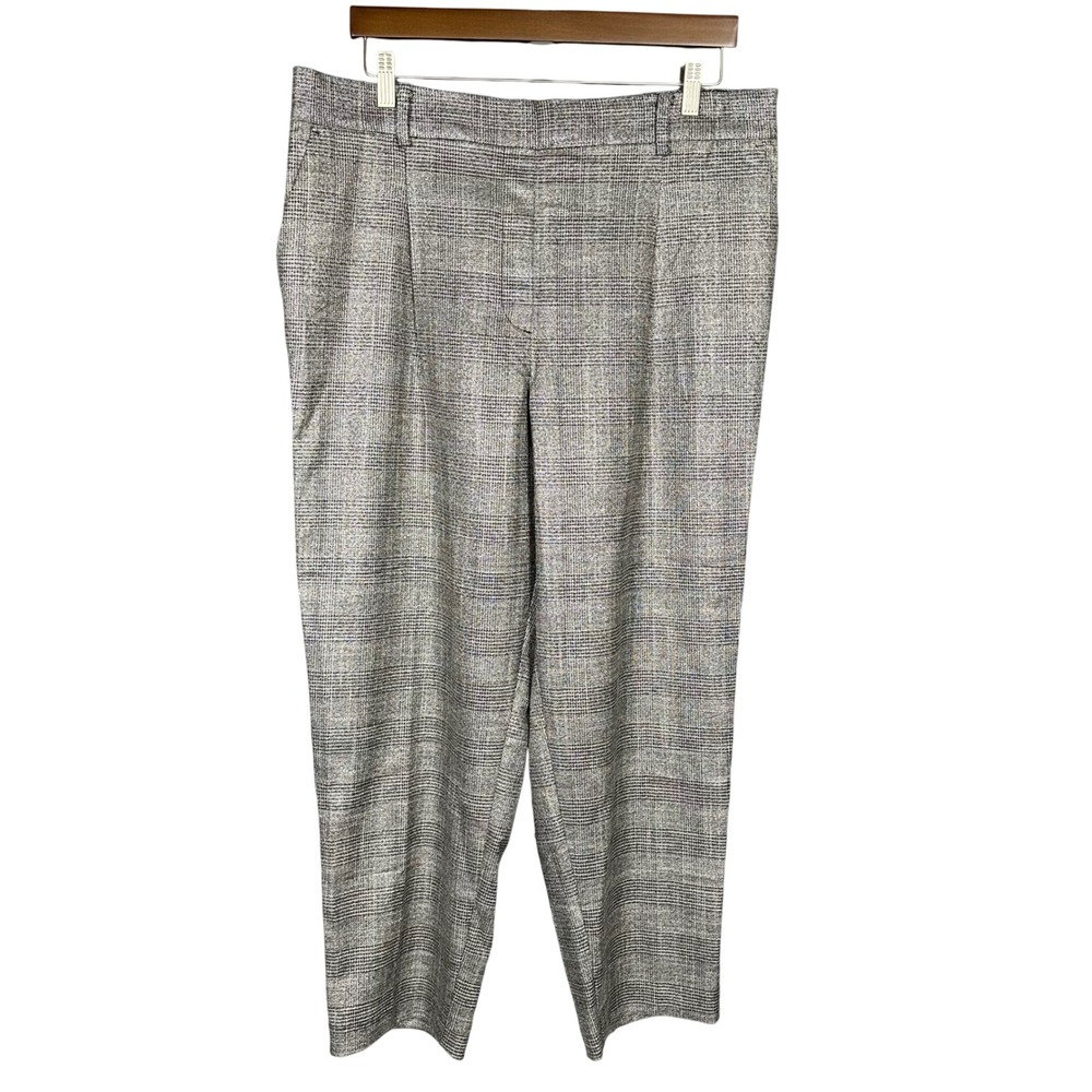 Loft Black Silver Shimmer Plaid Pull On Slim Pleated Ankle Pants XL Holiday Chic